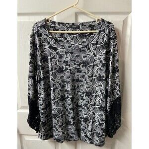 Alfani Woman Knit Top Plus 3X Black White Floral Stretch Lined Tunic Lace Trim